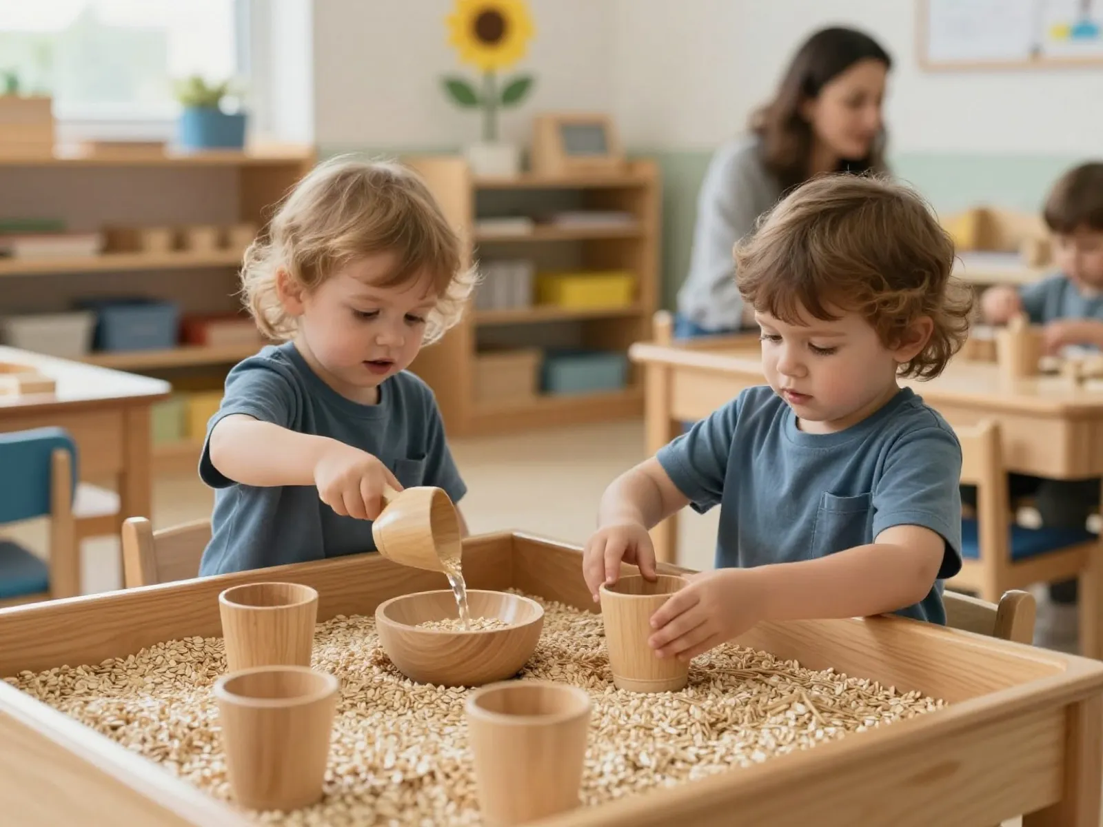 Two young children scooping and pouring at a classroom sensory table