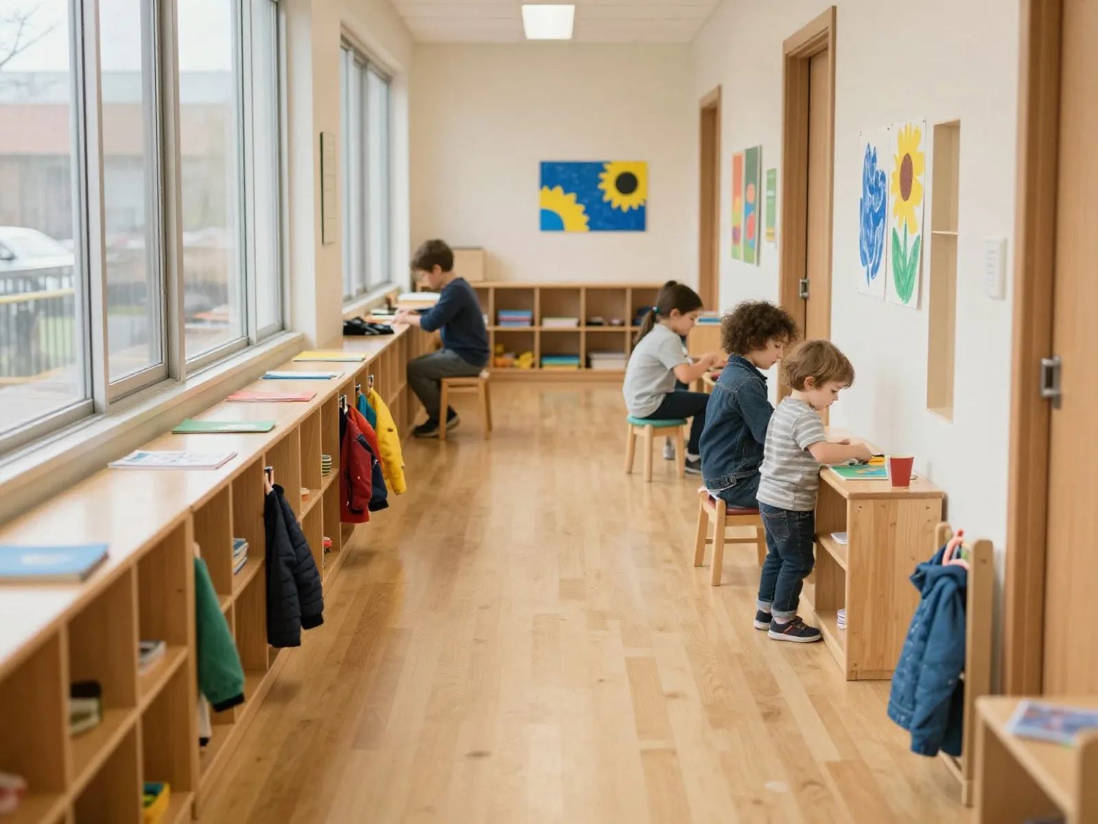 A bright hallway lined with children's coats and artwork