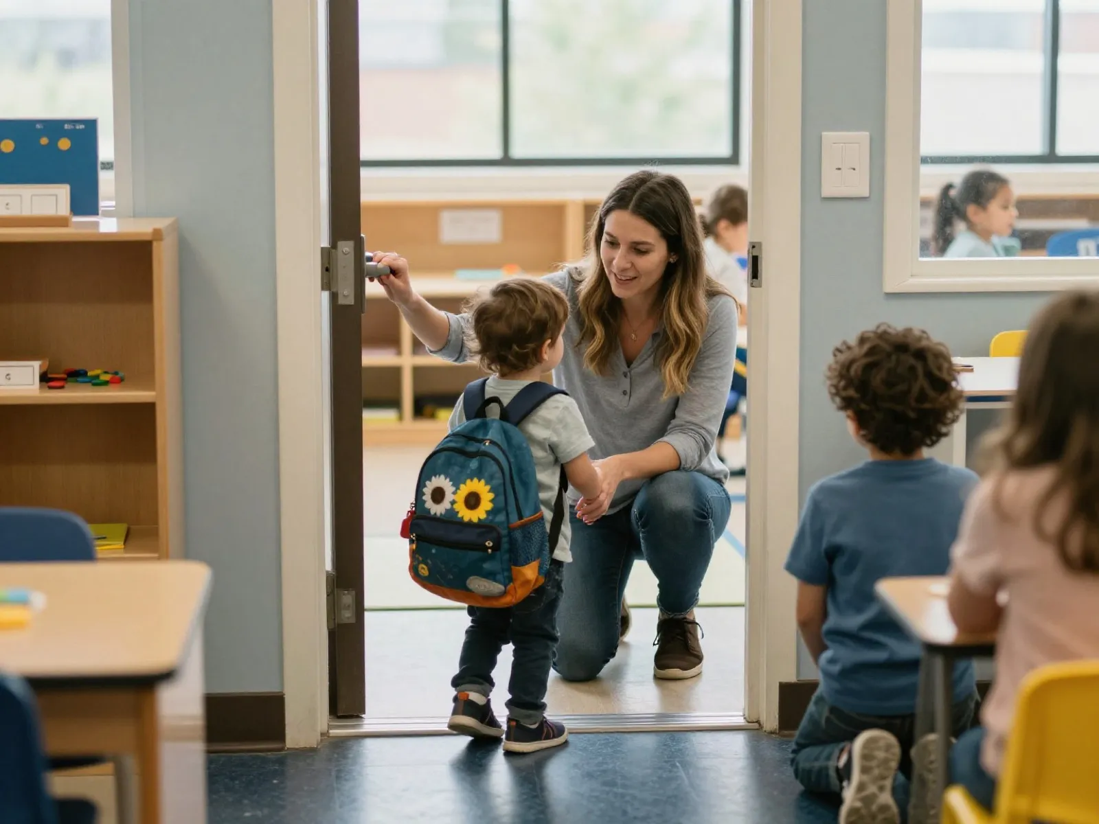 A teacher kneeling to greet a child at the classroom door