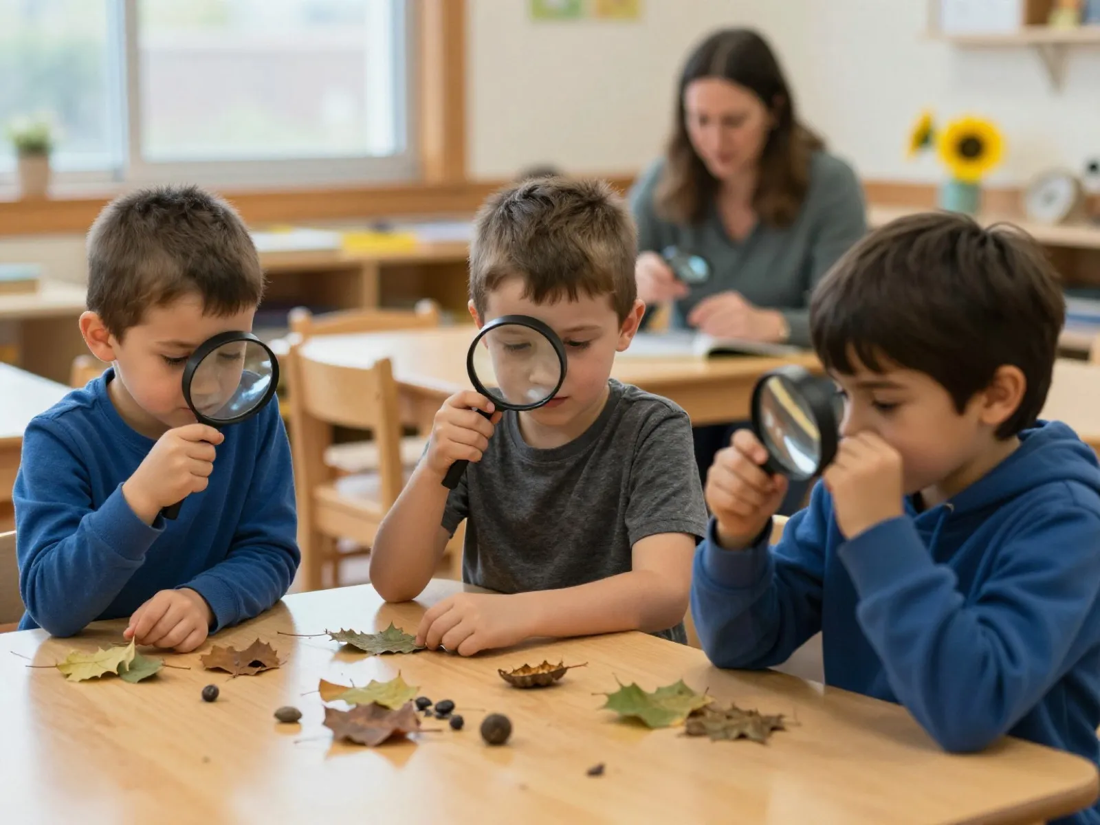 Children examining leaves with magnifying glasses at a low table