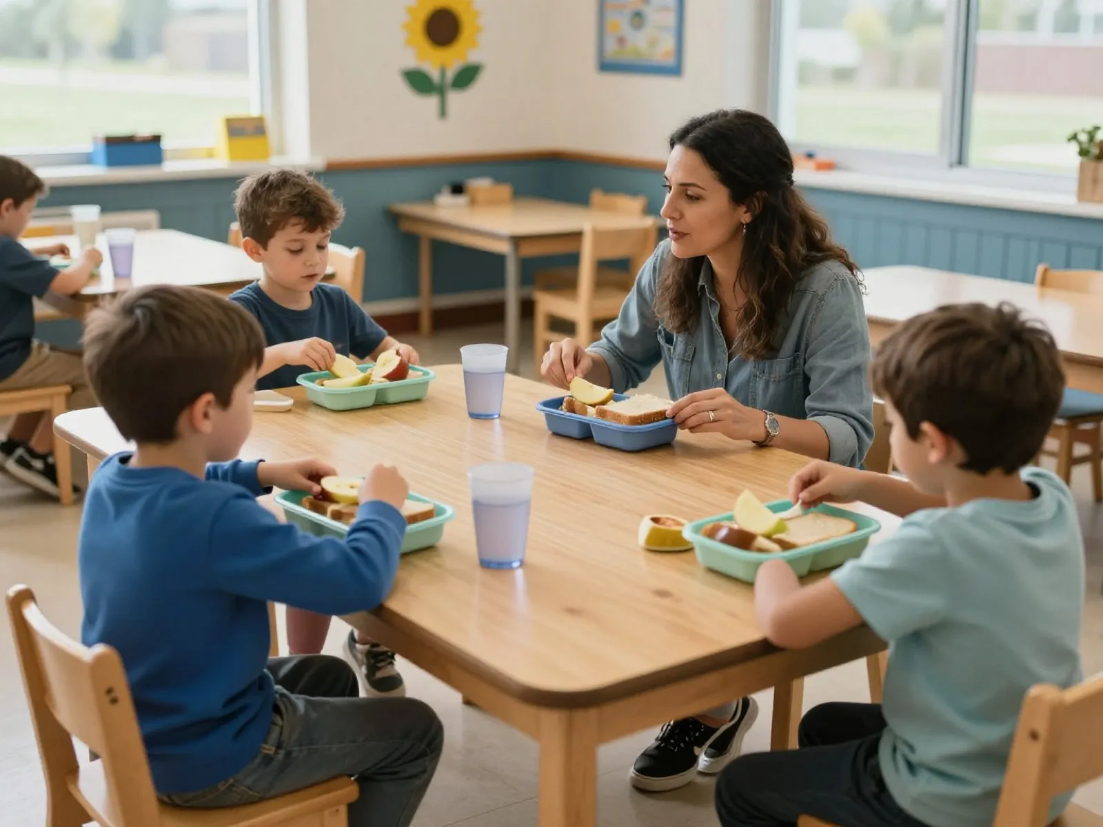 Children and a teacher sharing lunch at a long wooden table