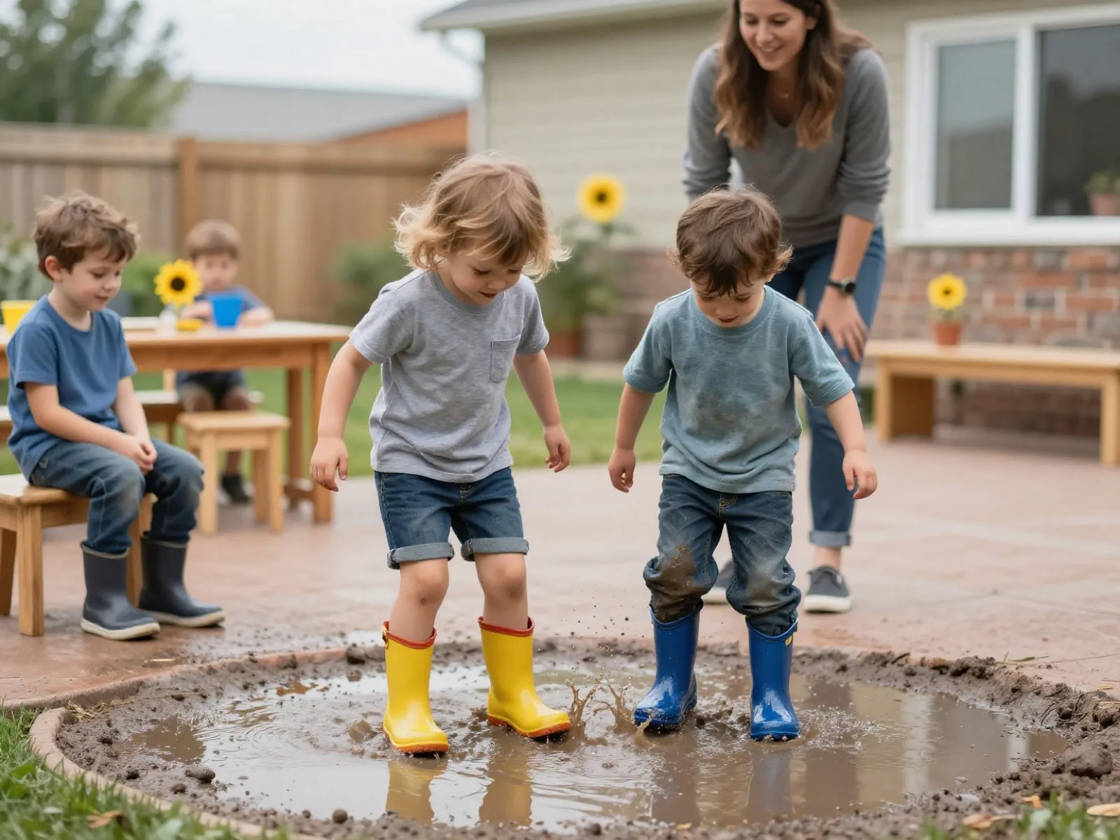 Children in rain boots jumping in puddles in the play yard