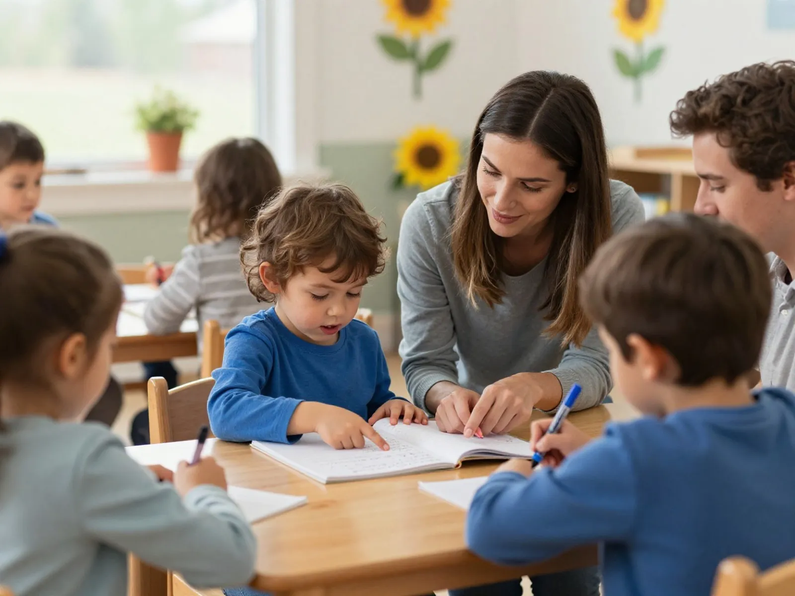 A preschooler telling a story while a teacher writes down their words