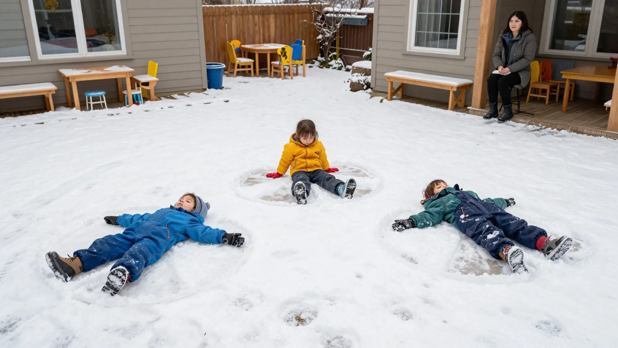 Children in snowsuits making snow angels in the play yard