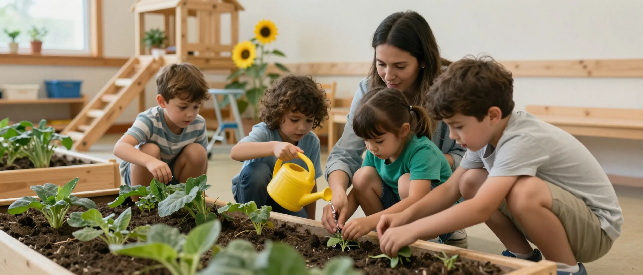 Preschool children and a teacher exploring plants together in the Puddlejump garden