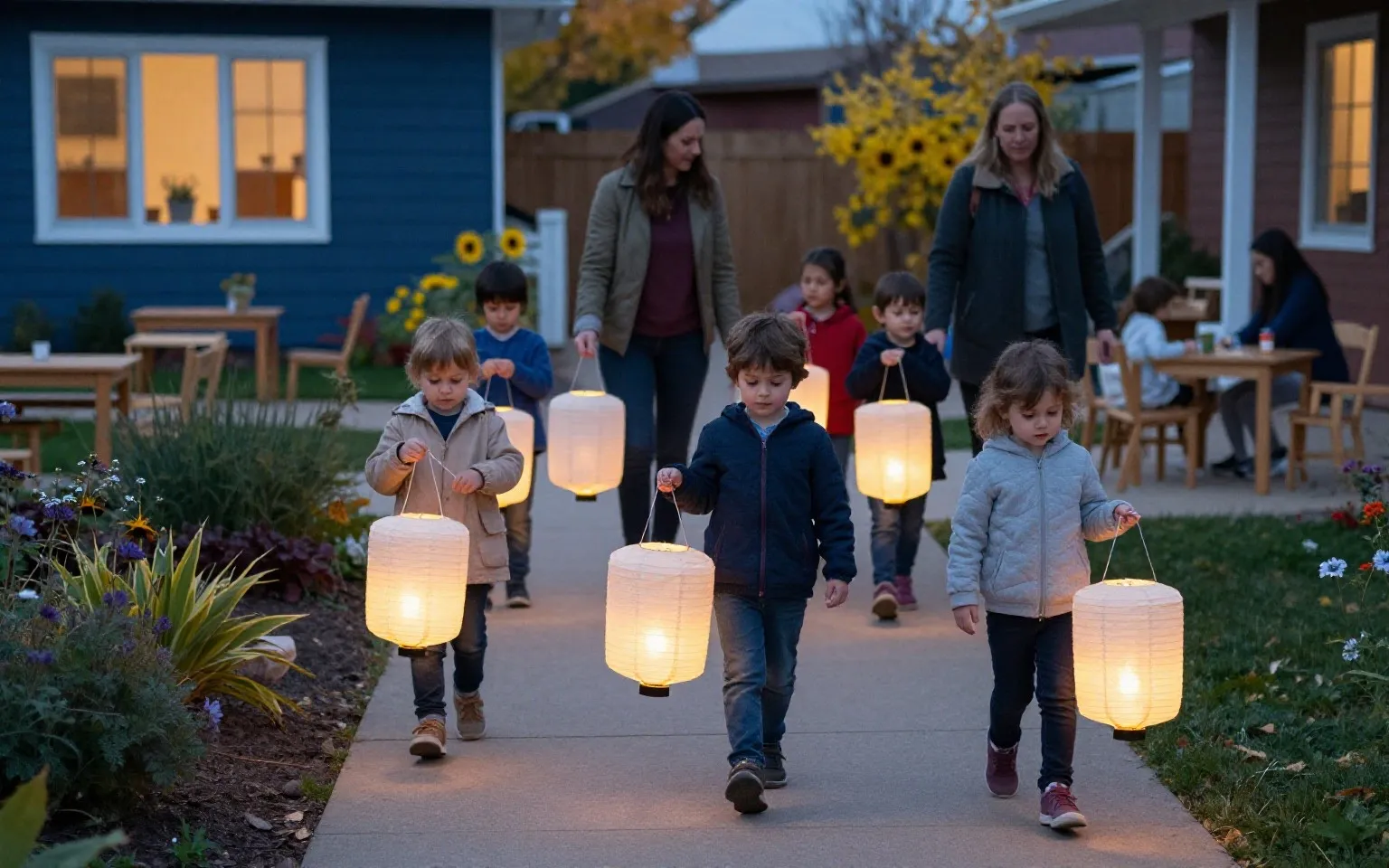 Children carrying paper lanterns along a path at dusk