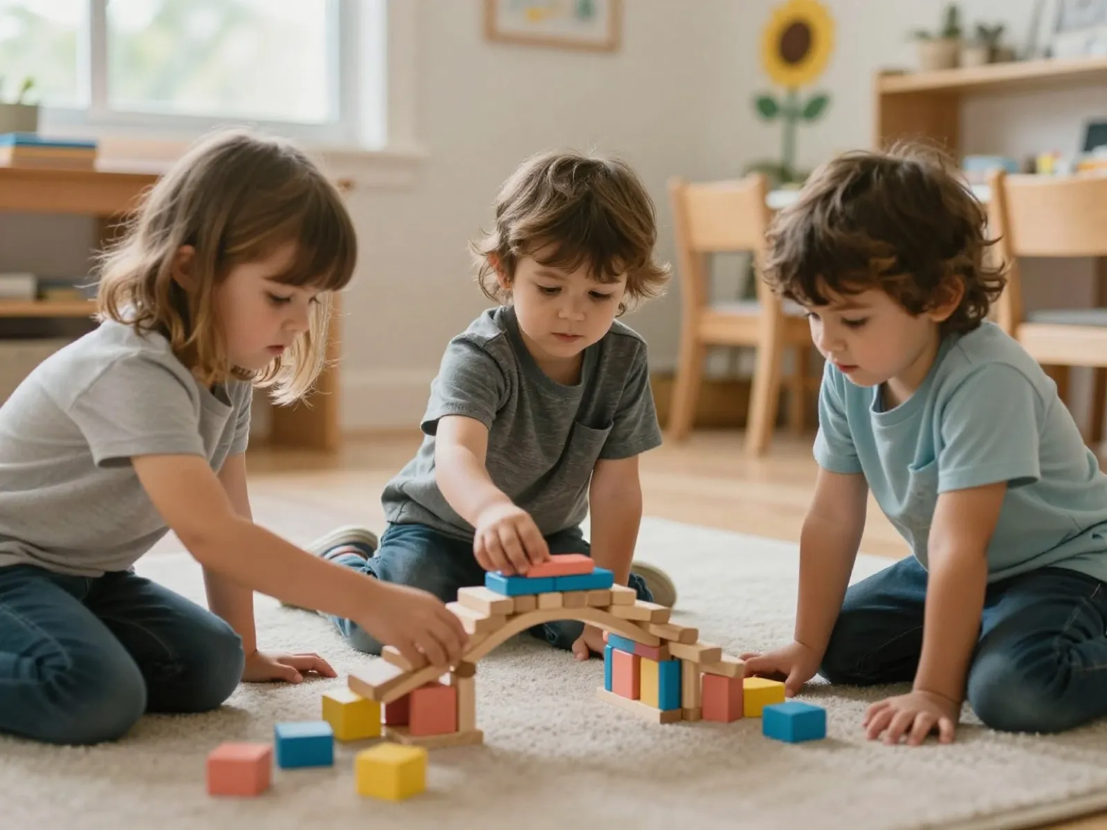 Preschoolers working together on a colorful wooden block structure