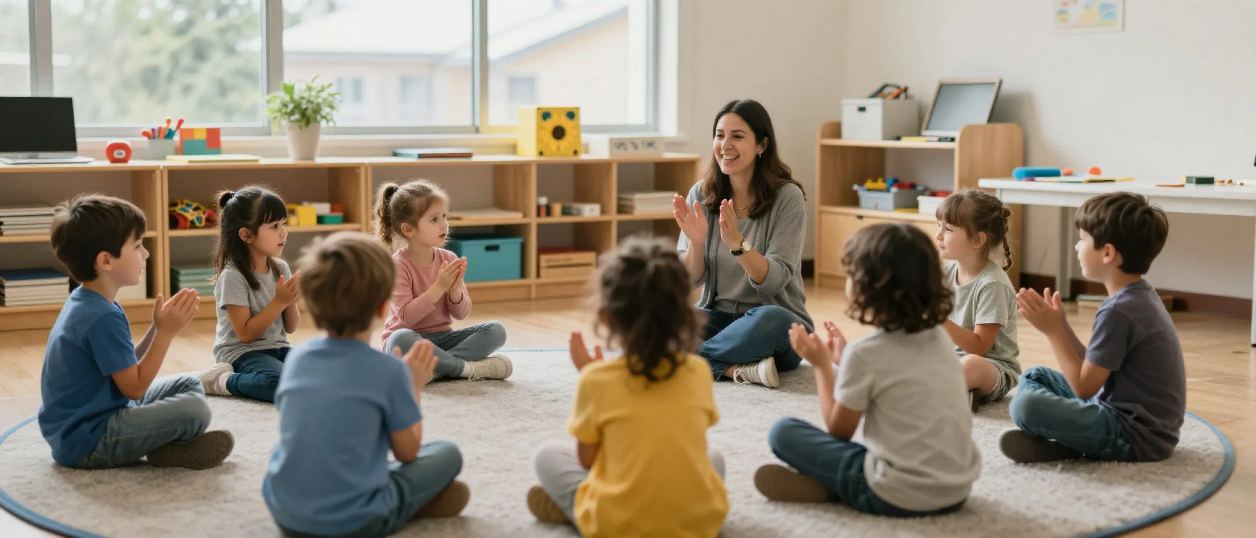 A circle of preschoolers and a teacher singing together on a rug