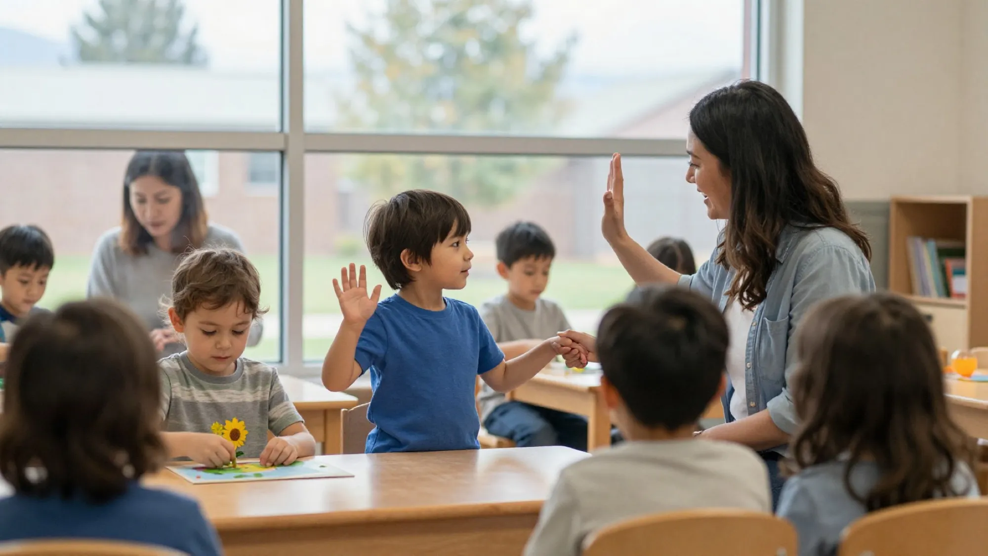 A parent waving goodbye through the classroom window while a teacher holds a child's hand