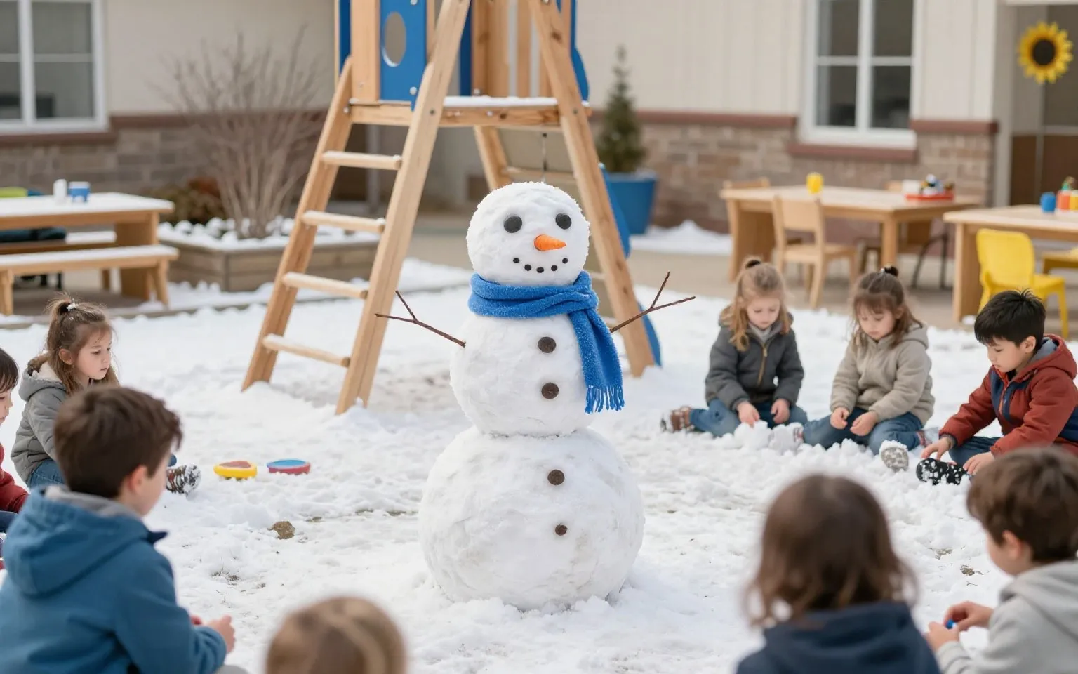 A snowman with a carrot nose in the play yard